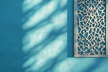 Wall Mural - Abstract light blue background with beautiful shadow of Muslim ornament on the wall , ai