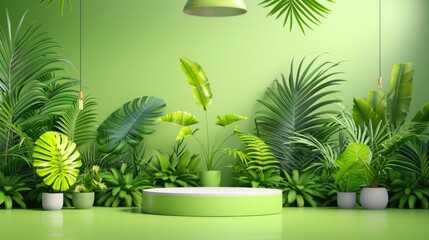 Canvas Print - Green Tropical Podium with Plants and Lamps