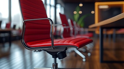 Wall Mural - Stylish red office chairs and large wooden table in empty conference room : Generative AI