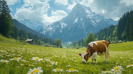 Canvas Print - Wonderful summer landscape with ground road and cow grazing on fresh green mountain pastures and Watzmann mount in the Alps Incredible nature scenery Amazing panoramic image stunning b : Generative AI