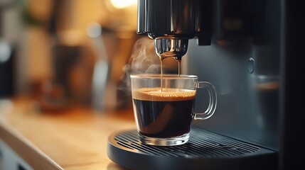Poster - hand making Espresso Coffee by Coffee Maker Machine with Capsule of roasted coffee bean on wood table bar Daily beverage drink at Home Apartment and Office concept : Generative AI