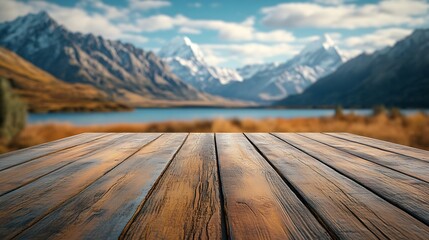 Leinwandbilder - The empty wooden brown table top with blur background of Mount Cook landscape Exuberant image : Generative AI