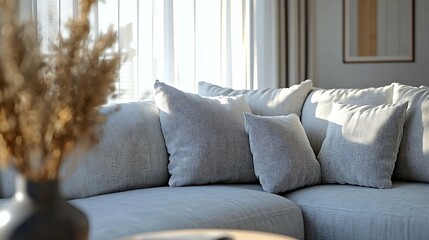 Aufkleber - Grey sofa with cushions in interior of light living room : Generative AI
