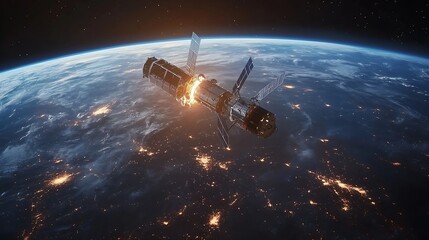 Poster - Telecommunication satellite providing global internet network and high speed data communication above Europe Satellite in space low Earth orbit Worldwide communication technology : Generative AI