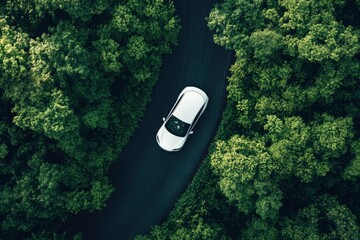 Wall Mural - Top view of a white electric car driving dark green forest road, which is an elevated road that surrounds natural forest. Concept of using electric cars to protect the environment , ai