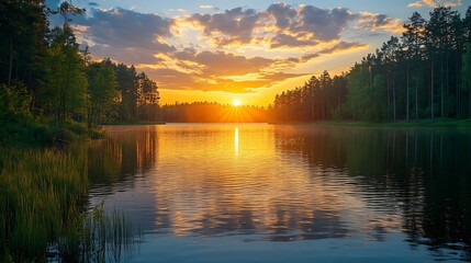 Poster - Colorful golden sunset over the lake and forest in the background Leningrad region Russia : Generative AI