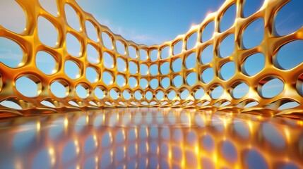 Poster - Abstract Golden Honeycomb Structure with Blue Sky Background