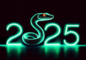 Wall Mural - Happy New Year 2025. 3D illustration. Neon snake. Numbers on a black background.