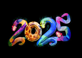 Wall Mural - Year of the Snake 2025 on a black background.  3D illustration.