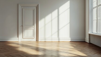 Poster - an empty room with wood flooring and white walls showing the light coming through the window onto the door : Generative AI