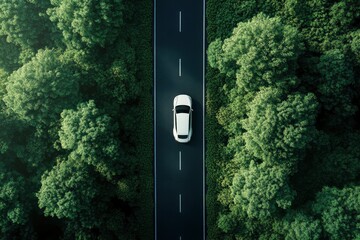 Wall Mural - Top view of a white electric car driving dark green forest road, which is an elevated road that surrounds natural forest. Concept of using electric cars to protect the environment , ai