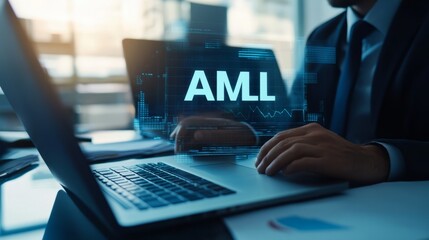 Businessman touching a virtual screen with the word 