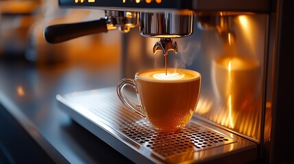 Poster - a modern coffee machine in action brewing a fresh cup of coffee The machine is sleek and stylish with shiny metal accents and illuminated buttons that give it a hightech appearance : Generative AI