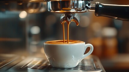 Poster - Closeup of Americano coffee pouring from the coffee machine into a cup Professional coffee brewing black coffee : Generative AI