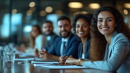 Poster - Long Banner With Successful Business Team Having Meeting In Office Group Of Colleagues Discussing Company Strategy During Conference In Boarding Room Panorama With Copy Space Extended  : Generative AI