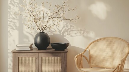 Wall Mural - Elegant composition of warm living room interior with wooden console black bowl books stylish vase with branch rattan armchair beige wall and personal accessories Home decor Template : Generative AI