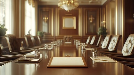 Poster - luxurious meeting room in a big corporation is sepia style with agenda notepad for conference : Generative AI