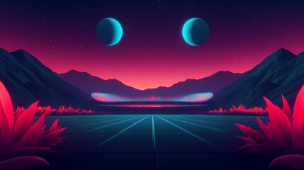 A vibrant, futuristic landscape featuring two moons, lush vegetation, and surreal mountains under a glowing sky.