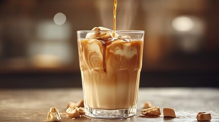 Aufkleber - Ice coffee or latte with cream being poured into it a glass : Generative AI