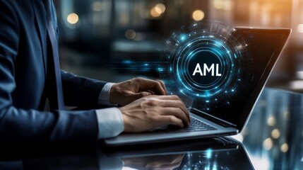 Businessman touching a virtual screen with the word 