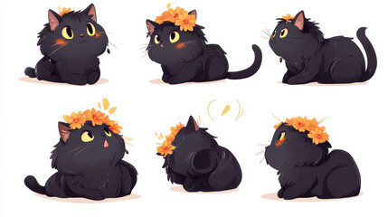 A cute little black cat with fluffy fur and flower crown, showcasing various playful poses and expressions. This charming feline captures hearts with its adorable antics and vibrant floral accessory