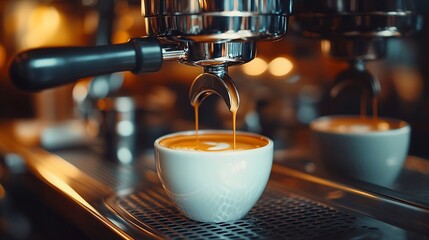 Poster - Professional espresso machine while preparing  espressos coffee cup in a coffee shop Closeup of espresso pouring from the coffee machine : Generative AI