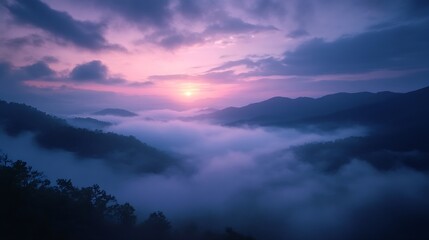 Fototapete - Romantic landscape sunset foggy mountain in evening twilight Beautiful landscape foggy hills twilight time Beautiful Purple sky sunrise dramatic landscape mountain Dawn sky dusk time c : Generative AI