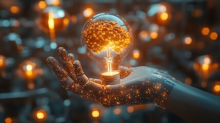 Aufkleber - AI machine learning robot hands and human touch on big data networks creative brain data in light bulbs artificial intelligence science and technology and future innovations that help  : Generative AI