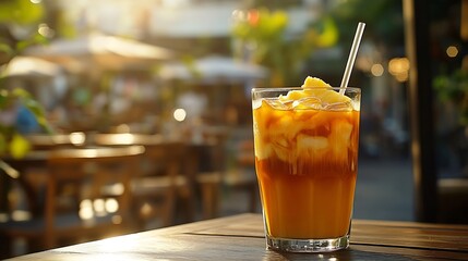 Aufkleber - Iced coffee with pineapple juice in a glass with a straw on the table  on the summer terrace Espresso pineapple juice and syrup in layers : Generative AI