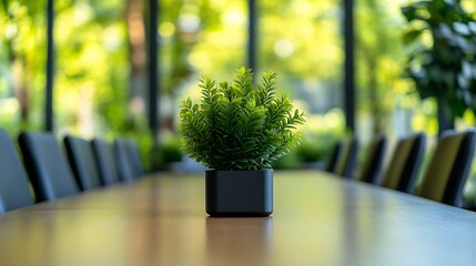 Leinwandbilder - interior photo of contemporary empty conference room with office table and green plants in pots : Generative AI