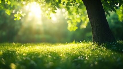 Aufkleber - Blur background of sunlight shining though the tree with grass field Soft light nature photography Peaceful nature and solitude concept Design for relaxation and meditation spaces Clea : Generative AI