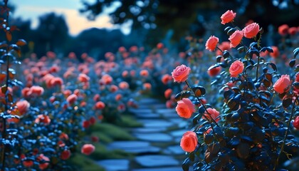 enchanting rose garden illuminated by ethereal blue light under the starry night sky