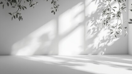 Aufkleber - White Abstract Minimalistic Room studio background with leafs shadows and sunlight summer white room light clean empty background  place for product placement and design background bac : Generative AI