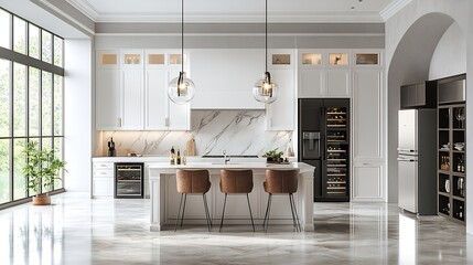 Poster - Warm white kitchen with expansive countertops island high end appliances spice kitchen black leather chair dining table wine fridge and office work station : Generative AI