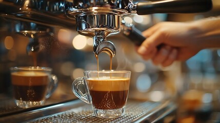 Poster - Low angle photo of a barista cleans the portafilter before preparing the cappuccino in a coffee shop or restaurant Closeup : Generative AI