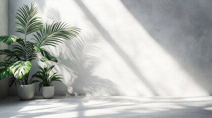 Aufkleber - Background Studio White wall Cement with Leaves Shadow and Marble floorEmpty Grey Concrete studio room with Table TopBackdrop background SpringSummer Cosmetic Product DisplayMockup Pre : Generative AI