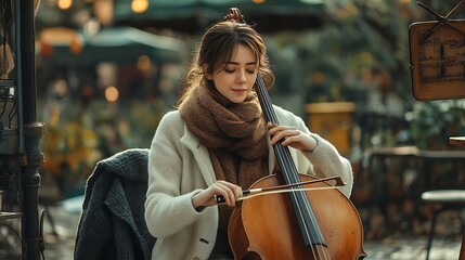 Aufkleber - Outdoor string concert A woman plays the cello in an old music kiosk in a garden : Generative AI