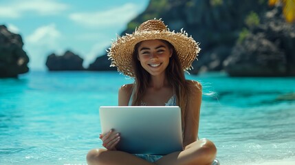 Poster - Woman sea laptop Business woman freelancer with laptop working over blue sea beach Happy smiling girl relieves stress from work Freelance remote work on vacation digital nomad travel c : Generative AI