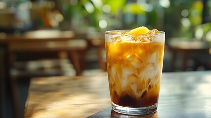 Aufkleber - Iced coffee with orange juice in a glass a refreshing bumble coffee on a hot summer day outside Espresso juice and syrup in layers : Generative AI