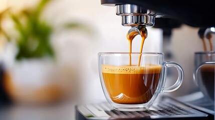 Poster - Process of making coffee by coffee machine into glass transparent cup  espresso coffee coming out from home coffemaker machine Capsule coffee by machine isolated on white : Generative AI