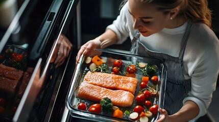 Poster - Woman putting baking dish with raw fish and vegetables into oven top view : Generative AI