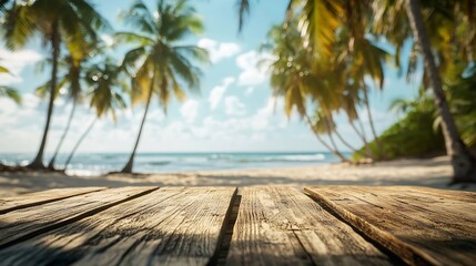 Wall Mural - Empty wooden table with blurred beach with coconut trees in the background : Generative AI