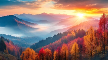 Poster - Autumn in the mountains View of the peaks of mountains and foggy valley during sunset Beautiful nature landscape : Generative AI