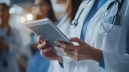 Fototapete - Hospital teamwork and doctor with group on tablet for advice support and collaboration Clinic healthcare and people outdoor to chat about results info or planning ideas for surgery wit : Generative AI