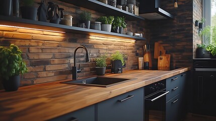 Poster - Panorama of modern and small kitchen with wooden countertop and dark gray furniture and black oven and sink with tap : Generative AI