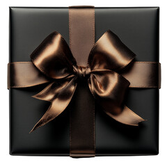 Top view of a black gift box with golden bow, transparent png. 