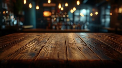 Aufkleber - Empty real wood table top with light reflection on scene at restaurant pub or bar at night Blurred background for product display or montage your products with several concept idea and : Generative AI