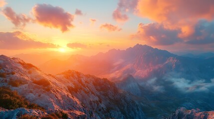 Canvas Print - landscape with mountains and sunset clouds : Generative AI