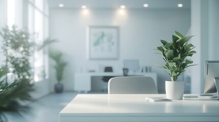 Fototapete - Blur background of empty modern office background  Workspace interior design white color  Clean and bright office gallery background : Generative AI