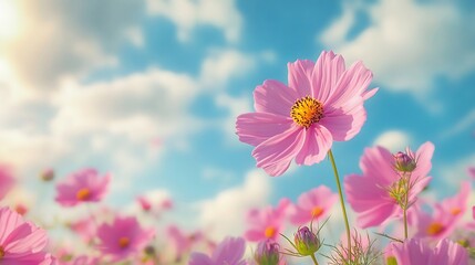 Poster - Pink cosmos flowers field on blue sky background cosmos flower in fresh morning and cloudy sky flowers imageBeautiful summer landscape : Generative AI